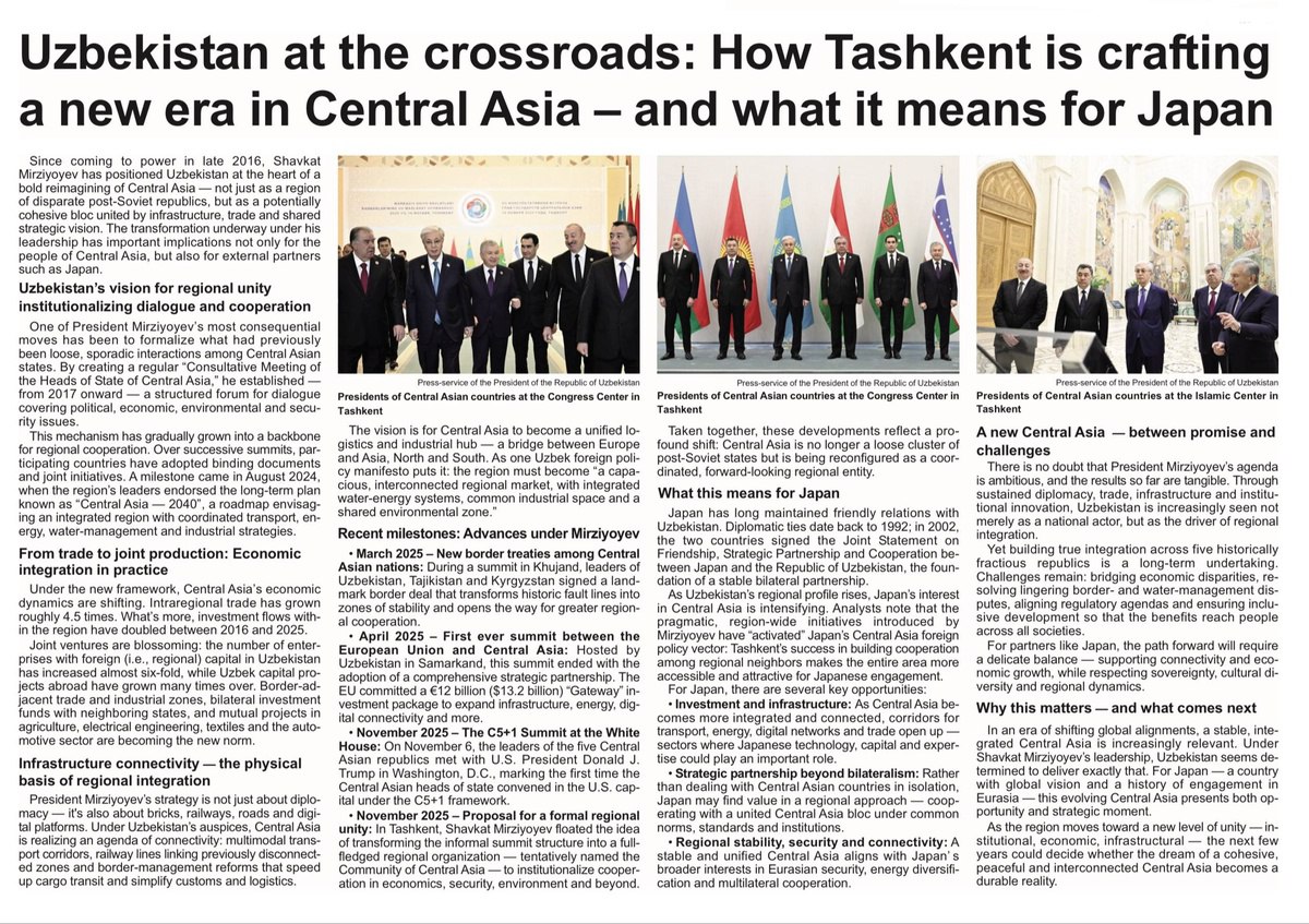 Одна из ведущих японских газет The Japan News опубликовала статью под заголовком «Узбекистан на перекрёстке: как Ташкент формирует новую эпоху в Центральной Азии — и что это означает для Японии».
